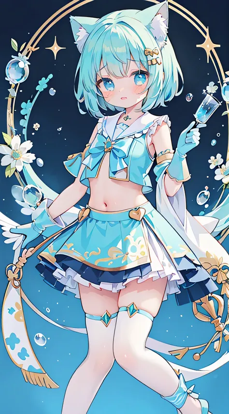 idol, yuri, bishoujo, masterpiece,best quality,official art,extremely detailed CG unity 8k wallpaper,，very short hair, aqua hair, blue hair, cat hair ornament, blue eyes, crying with eyes open, solid circle eyes, nose blush , shy, embarrassed , aqua eyes, ...