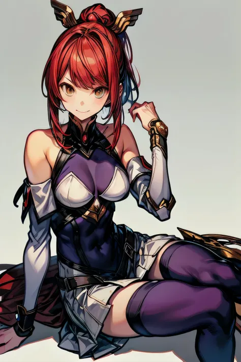 Izayoi (blazblue), orange eyes, red hair, ponytail, long hair, Small breasts, armor, bodysuit, boots, skin tight, skirt, thigh boots, thighhighs, 1girl, solo, facing viewer, looking at viewer, upper body, smile, Sitting
