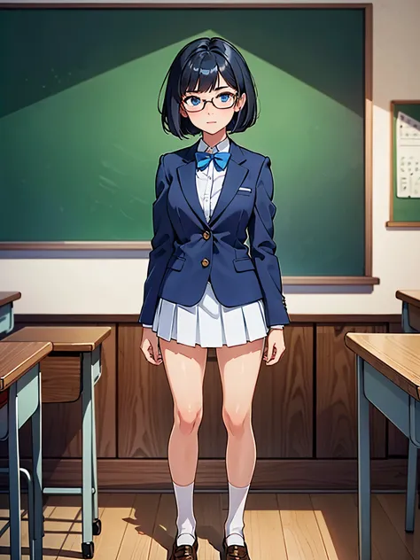 masterpiece, best quality, 1girl, solo, solo focus, brown shoes, matching shoes, white socks, matching socks, (blazer, blue blazer), (white skirt, pleated skirt, miniskirt), glasses (high school girl), standing, standing straight, school backdrop, dark blu...