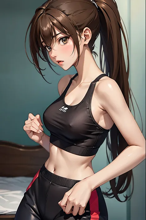 (masterpiece, best quality:1.2), expressive eyes, perfect face, highres, 1girl, solo, (female:1.5), issei_hyoudou, long hair, brown eyes, sport bra, sport pants, ponytail, midriff, blushing, nervous, standing, cowboy shot, looking at viewer