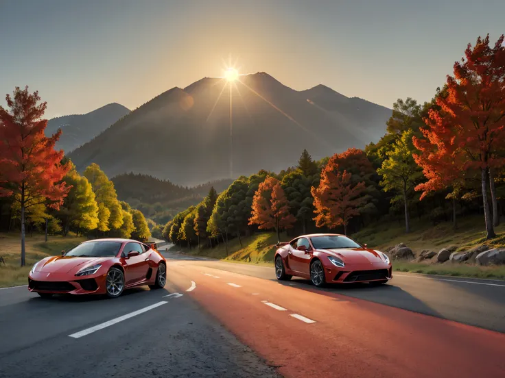 a red car on a concrete road, leading to a mountain, surrounded by several trees, with a solar tone giving warm lighting. the sc...