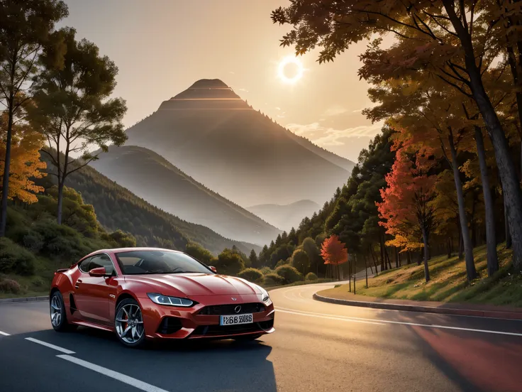 a red car on a concrete road, leading to a mountain, surrounded by several trees, with a solar tone giving warm lighting. the sc...