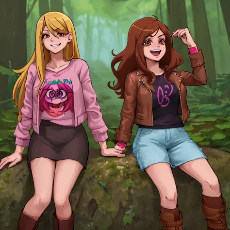 
dos personas, mujer, mabel pines 20 years old, chestnut, Brown eyes, camiseta blanca, short de mezclilla, brown leather jacket, botas, laughing blushing in a forest with 20 year old Pacifica Northwest, mujer, rubia, ojos color azul, falda color rosado, bl...