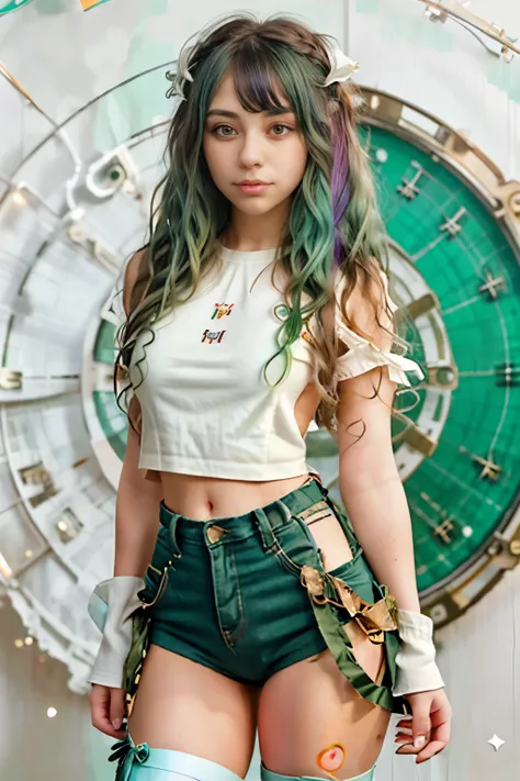 ((live 2D))  masterpiece, 1girl, full body, stands straight, steampunk clothes, military clothing, looking at viewer, detailed face, girl with green wavy hair, bangs, metal sheep horns, gradient hair, multicolored hair, light green hair, turquoise hair tip...