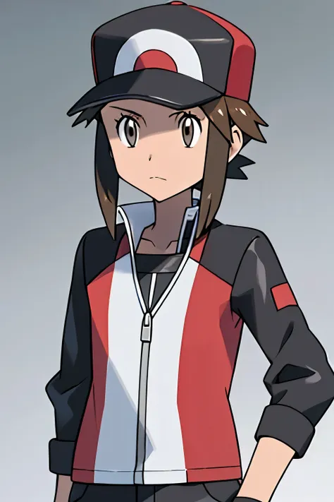 pokemon trainer, male, long hair, brown hair, brown eyes, black hat, black outfit, silver choker, (crystal on silver choker), pa...