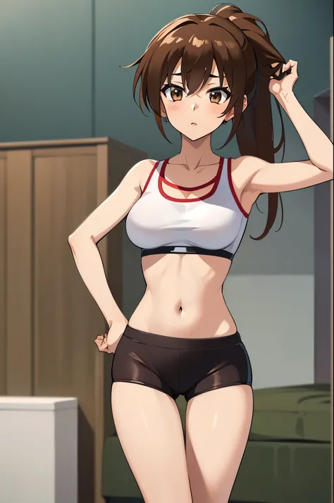 (masterpiece, best quality:1.2), expressive eyes, perfect face, highres, 1girl, solo, (female:1.5), issei_hyoudou, long hair, brown eyes, sport bra, sport pants, ponytail, midriff, blushing, nervous, standing, cowboy shot, looking at viewer