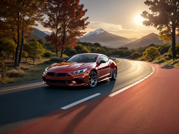 A red car on a concrete road, leading to a mountain, surrounded by several trees, with a solar tone giving warm lighting. The scene features a panning effect, creating a sense of movement. The car casts a shadow on the road, adding depth to the image. In t...