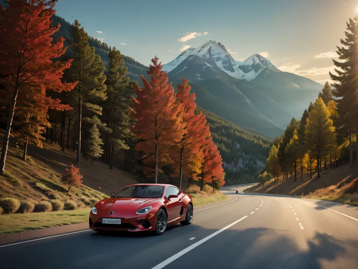 a red car on a concrete road, leading to a mountain, surrounded by several trees, with a solar tone giving warm lighting. the sc...