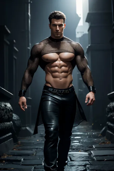 Top Quality, Photorealistic, 8K, High Definition, absurd res, high res, ultra sharp, masterpiece, (masterpiece), best quality, expressive eyes, perfect face, Super eyes, masterpiece, a muscular handsome god,black transparent clothes standing in a dark cove...