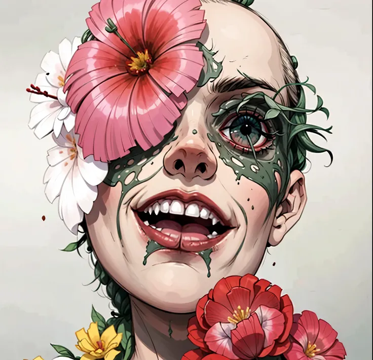 corpse head, flowers growing out of head, bloody, tears, dead body, Flowers growing out of a corpse, infection, last of us