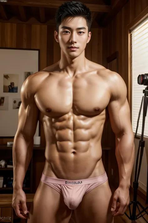 In the charming picture there is a handsome Korean man 27 years old with his beam., His charm radiated as he proudly showed off his sixpack in a full standing pose..hes is a hot model, bright skin and face ,He wore a dark pink sexy briefs, that highlighted...