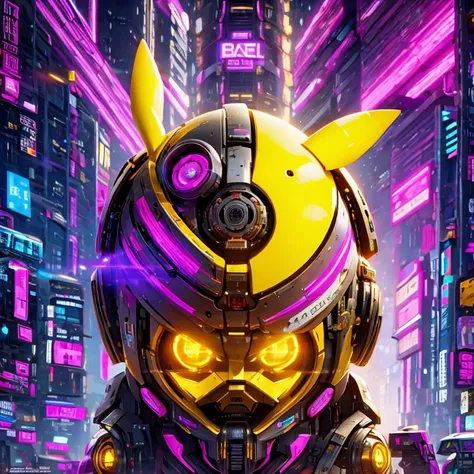 a close up of a robot with a glowing head and a purple background, cyber mech, in style of beeple, cyberpunk pikachu, style hybrid mix of beeple, 3 d render beeple, cute elaborate epic robot, beeple masterpiece, cyberpunk art style, yellow mech, beeple!!, ...