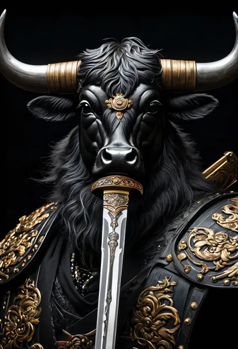 there is a close up of a warrior sword with a black background, A painting inspired by Kano Hogai, Does not bounce, creation, knife, steampunk knife, knife in hand, close up portrait shot, close up shot, close up portrait shot, Close up details, black bull...