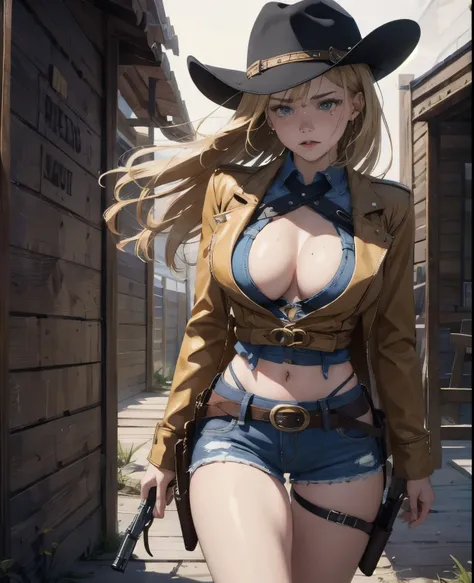 (masterpiece),( high quality), (High resolution,best image quality),1 girl, crying face,Big tears,blonde,(Cowgirl Costume), Short sleeved jacket,denim hot pants,gun belt,holster, holstered weapon,abdomen, big breasts, cleavage, Bare waist, black hat, The w...