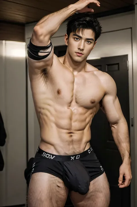 1 handsome guy，Handsome，Big male star，Airport pick-up show，musculous，hairy bodies，Black socks，Abs, chest muscle，Gray private service（Detailed eyes：1.3），Black eyes，full bodyesbian，bulgej8