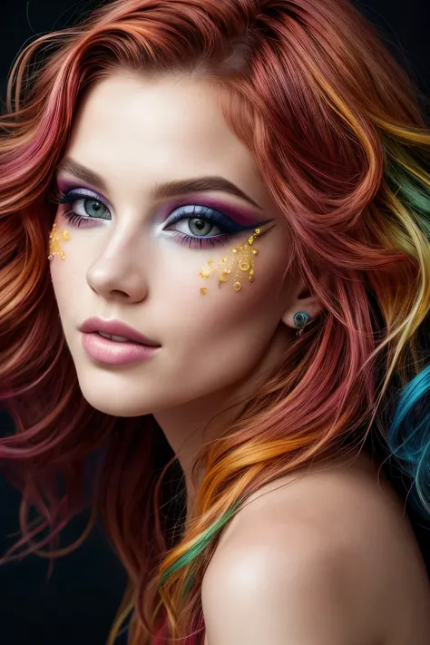 Close-up portrait of a vibrant young girl with a riot of colorful hair and bold, expressive makeup. Her facial features are intricately detailed and full of character, showcasing a playful and carefree spirit. The cinematic light illuminates her features f...