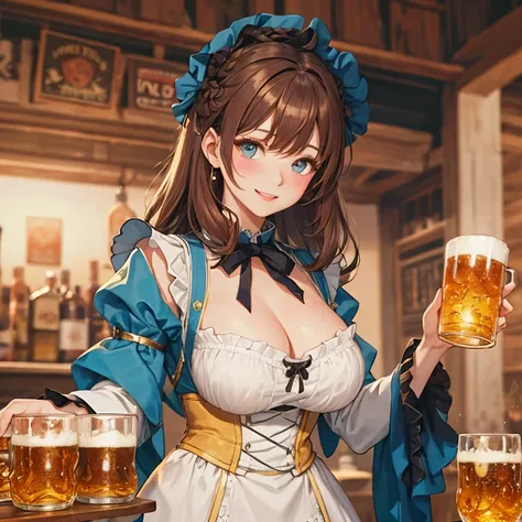 A stunning woman, adorned in traditional Oktoberfest attire, lovingly holds a stein filled to the brim with golden, foaming beer. The high-resolution image captures every intricate detail of her elegant Bavarian dress, complete with frills and embroidery. ...