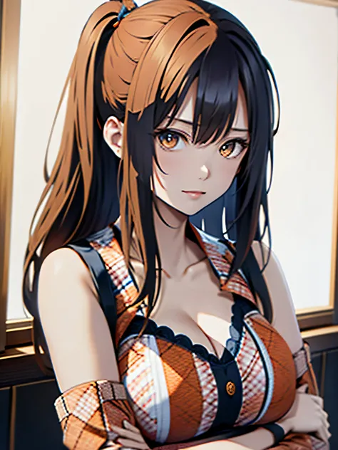 Upper body、oil、masterpiece、Ink painting style、highest quality、High resolution、orange long hair、orange long hair、naughty look、(((White and blue plaid bra)))、(((White and blue gingham check)))、Upper body、woman&#39;s face、troubled face、sweaty skin、All backgro...