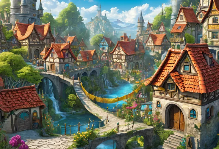 Close-up of a book with a picture of a fantasy village, magic highly detailed fantasy, highly detailed fantasy, fantasy book illustration, A lively magical city, Beautifully detailed fantasy, detailed fantasy illustration, detailed dreamscape, Complex and ...