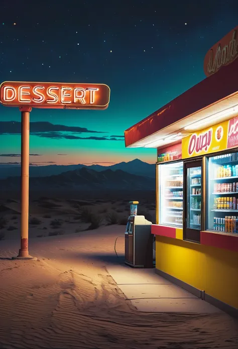 (best quality,4k,8k,highres,masterpiece:1.2),ultra-detailed,(realistic,photorealistic,photo-realistic:1.37),desert,dessert,midnight,convenience store,lonely store,brightly lit store,harsh desert landscape,lit signage,neon sign,shadows,distant mountains,san...