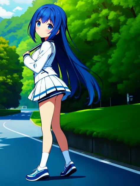 1 girl n blue hair eyes
 light black color with white tennis suit with blue in mini skirt white stockings in park