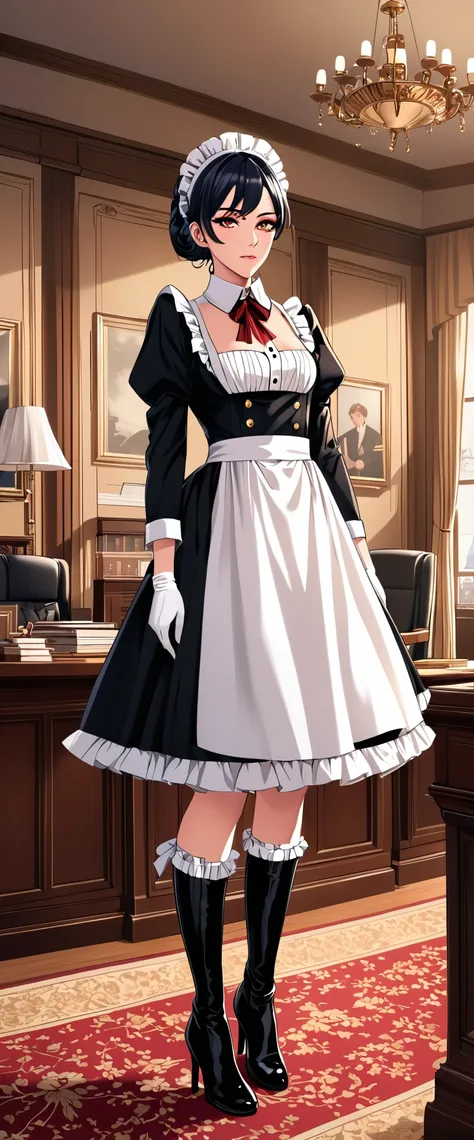 detailed image, detailed face, Anime style, very arrogant woman aged 30, maid-bodyguard, A sadist, Hairstyle, makeup, in a very expensive maid costume, gloved, in thigh-high boots, standing alone in an aristocrat&#39;s office, средневековое fantasy, fantas...