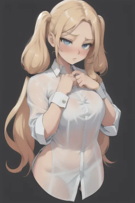 woman, long blonde hair, twintails, transparent white button-down shirt, blushing