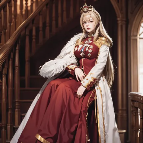 A woman wearing red military clothing with gold details, a large white fur cape, wearing a well-detailed golden crown on her head on the staircase of a large medieval castle, blonde hair, red eyes, large chest,HDR, ultra resolution, well defined, masterpie...
