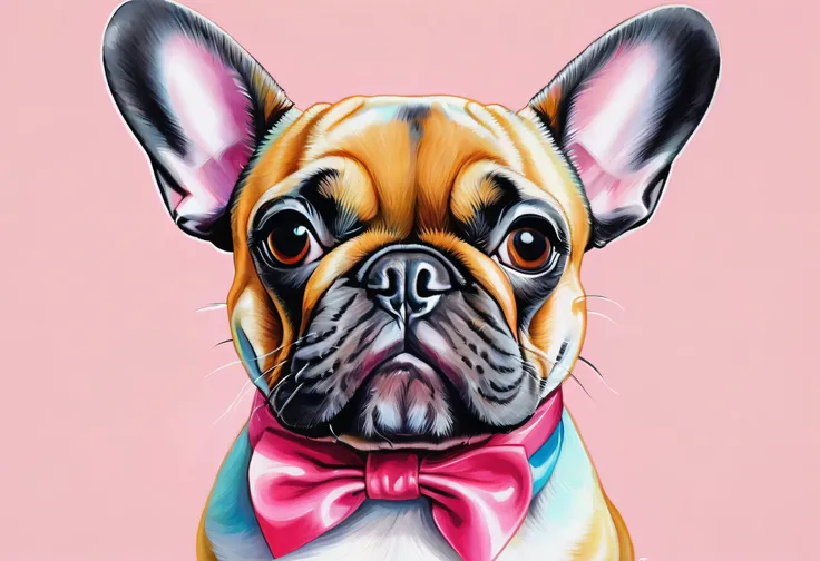 Drawing of a dog with a ribbon on its head, French Bulldog, painting of cute dog, cute colorful adorable, toyism, Zofia Strijenska, Written by Choi Buk, bella, Olga Boznanska, each, cute artwork, cute, canvas, Brilliant), toki doki, Jojo, animal pictures