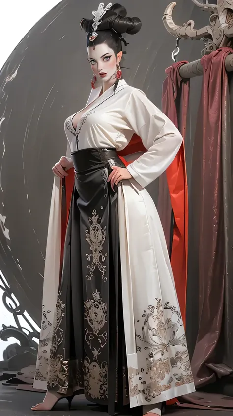 wearing dreamy hanfu。tight，high heel。breast protrusion。breasts are larger than the torso。perfect body，supermodel。 leg rings。good...