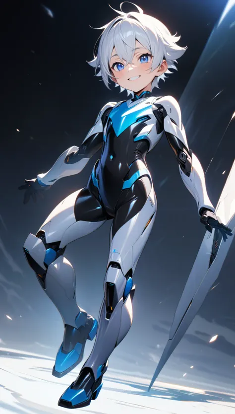 (((masterpiece:1.5))), full body image, anime robot boy, 1boy, ((shota)), shiny, ((white)), (((smooth))), (((sleek))) robot body with accents, heeled feet, silver hair, gentle face, blue eyes, calm, smiling expression, plain white background