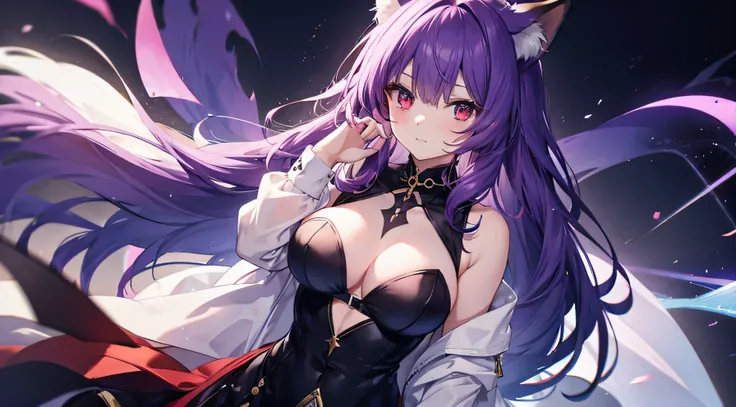 fox girl, D cup breasts, purple hair, masterpiece , red eyes, hd, Head to Chest, buried in my chest