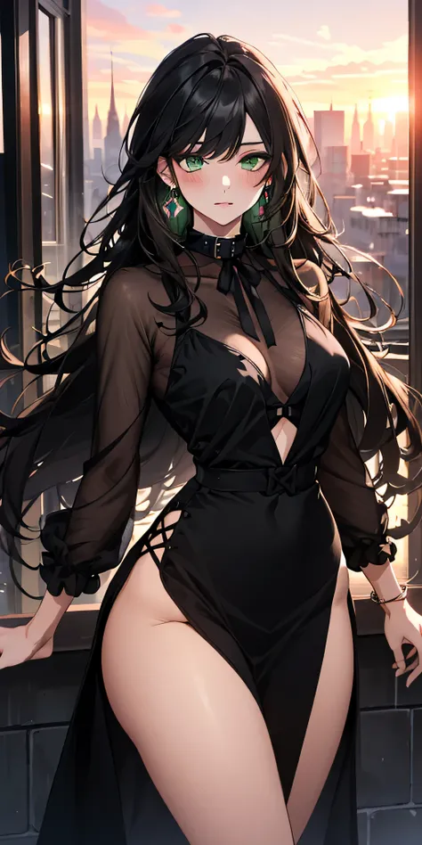 (top quality, masterpiece, high quality, ultra-delicate), ((beautiful girl)), (smooth dark black hair), mature, graceful curves, (long hair, long bangs), vibrant green eyes, detailed eyes, modern clothing, fashionable clothing, black collar, black dress, c...