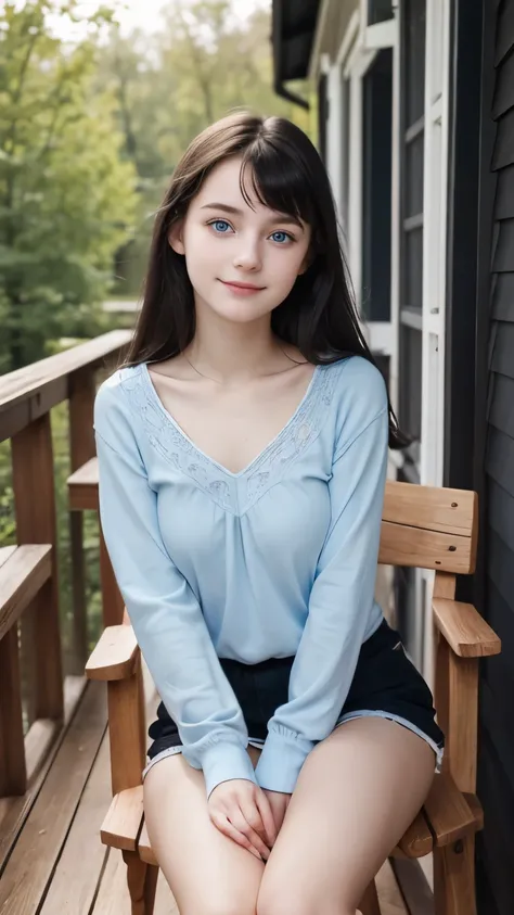 A young girl from Northern Europe, 18 years old, light blue eyes, happy, cute face, pale skin, black hair, eyeliner, thin nose, wearing a neckline, wooden house porch, sitting on a wood chair