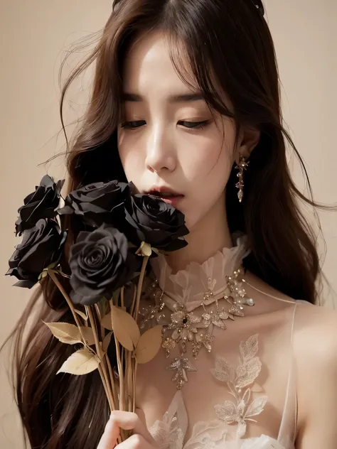 Close-up of a woman holding a bouquet of flowers, jinyoung shin, black Roses in hair, Urzan, she is the queen of black Roses, Beautiful young Korean woman, Beautiful Korean woman, ethereal beauty, Gorgeous young Korean woman, Minami Zaiwa, black Rose, Zhen...