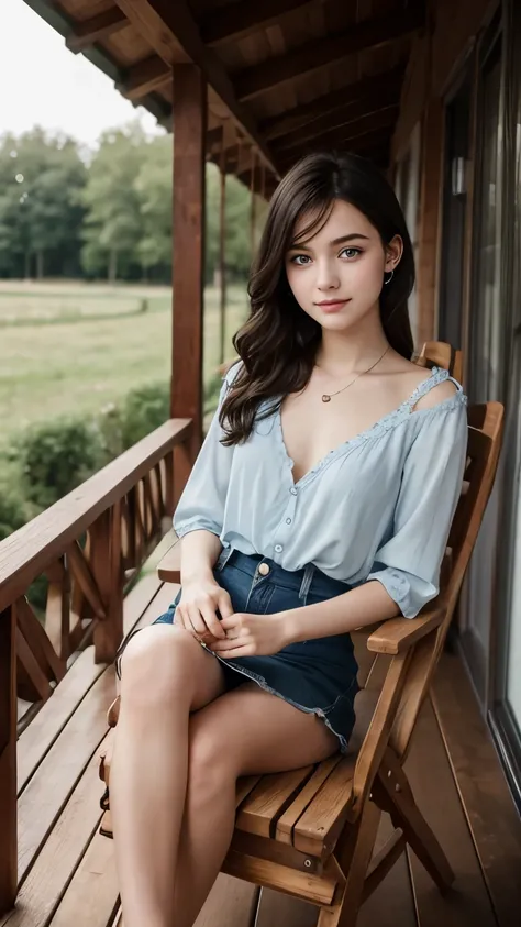 A young girl from Northern Europe, 18 years old, light blue eyes, happy, cute face, pale skin, black hair, eyeliner, thin nose, wearing a neckline, wooden house porch, sitting on a wood chair