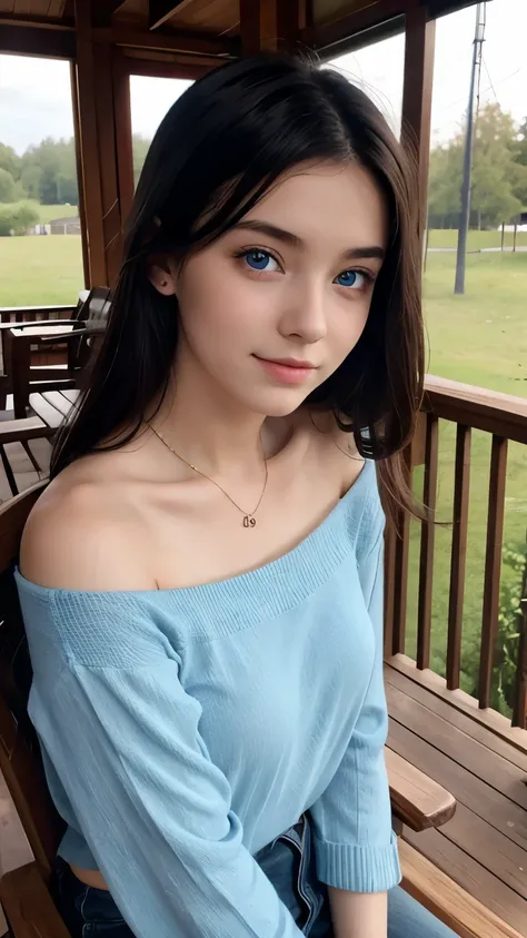 A young girl from Northern Europe, 18 years old, light blue eyes, happy, cute face, pale skin, black hair, eyeliner, thin nose, wearing a neckline, wooden house porch, sitting on a wood chair