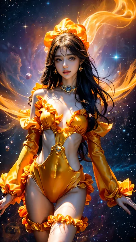 4K Ultra HD, Masterpiece, A girl with a magical aura, (good face:1.2), very Long hair, Detailed eyes, Glossy lips, Lolita costume, (orange costume:1.5), The aura around the body, Magical effect, Spread white light, Cosmic elements and ethereal atmosphere, ...