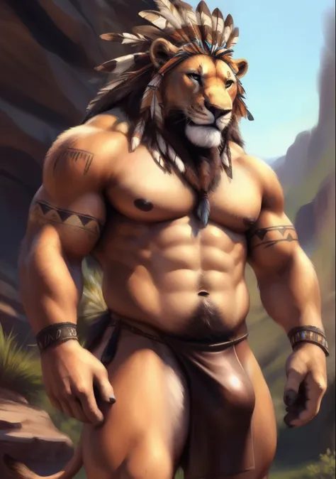 Lion, (leather brown cloak), (((native headdress))), (brown loincloth), (tribal marks), (brown pant), male, solo, adult, abs, ((mane)), pecs, big pecs, nipples, older, strong muscles, big mane, long mane, detailed face, beautiful eyes, muscular chest, musc...