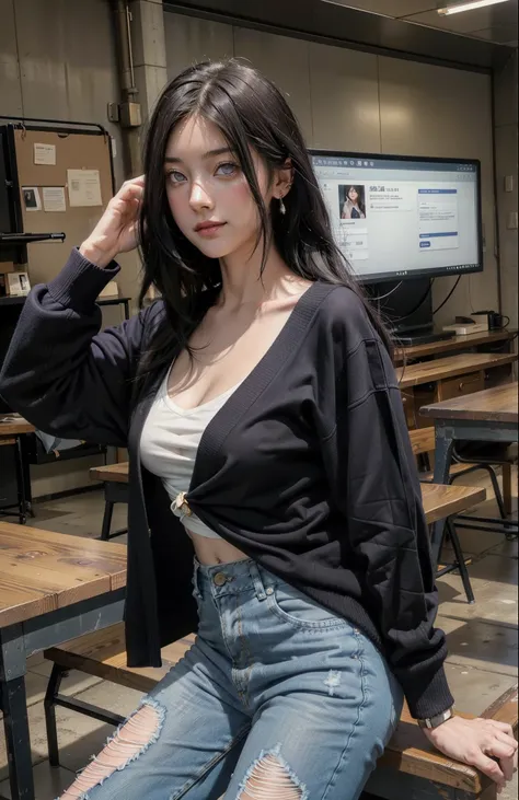 hyuuga hanabi, long hair tied low, hair band, hana purple eyes, beautiful, beautiful woman, perfect body, perfect breasts, wearing a white shirt, black cardigan, long jeans, handbag, wearing a watch, wearing earrings, in class , on campus, university, blac...