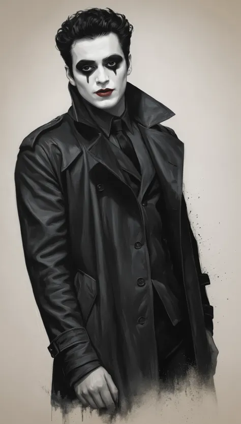 An illustrated movie poster, hand-drawn, full color, a mime, male, 28 years-old, wearing black and white crow makeup and a dark leather trench coat, stocky, soft doughy physique, deep brown eyes, wide bulbous nose, full lips, black lipstick, black hair, cu...