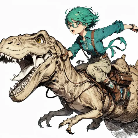 Create a line drawing of a character using pen art style, now depicted riding a dinosaur. The character should be dynamically positioned atop a T-Rex, maintaining a look of thrill and excitement. The character retains their intricately detailed green hair,...