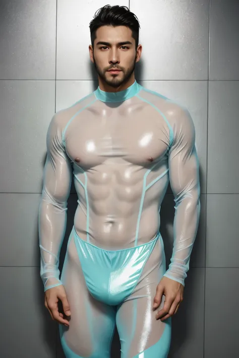 best quality, highres, 1 man wearing pastel color wet skintight clothing:: stretchy tight ultra-thin sheer long sleeve bodysuit, sheer thin mesh, transparent clothing, spandex, erotic wear, onesie, union suit, see-through:: masterpiece, full body, 1boy, mu...