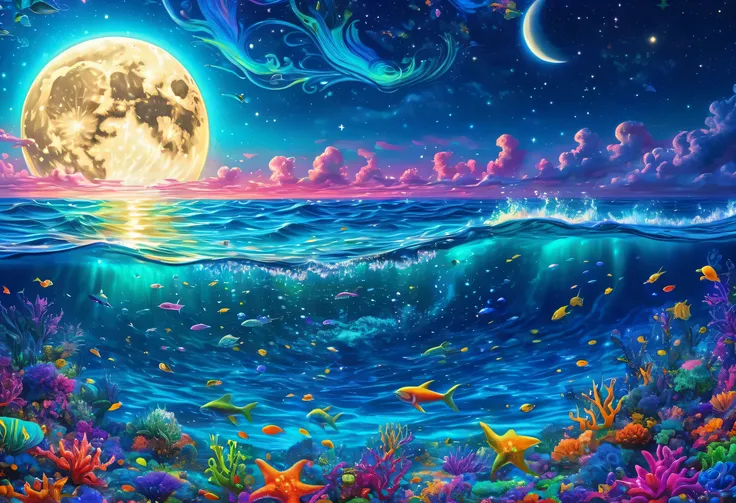 a painting of   in the ocean under a full moon, Magical Ocean, its a deep dream, Under the sea of stars, epic background, Highly detailed 4K HD wallpaper,, deep dream, beautiful wallpaper, beautiful dreamy breathtaking, By Lisa Frank, highly detailed fanta...