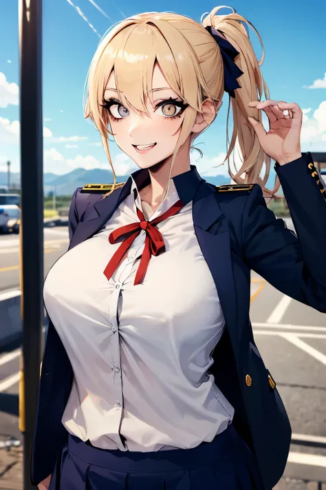 Beautiful detailed eyes, detailed mouth, detailed pupils, long eyelashes, foundation, blushing, beautiful face, bus guide uniform, mature woman, plump, waist, blonde double ponytail, smile, name tag, masterpiece, dramatic description , Highly rated work, H...