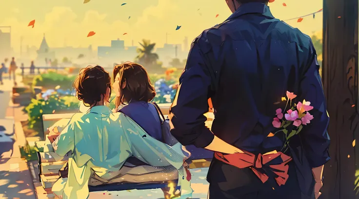 A man and a woman are sitting on a bench. Looking at the scenery, With your back turned, over his shoulder, A man standing hiding a flower behind his back. very realistic, turning away, ((supersaturated)), back shot, She has long brown hair,Her back is wit...