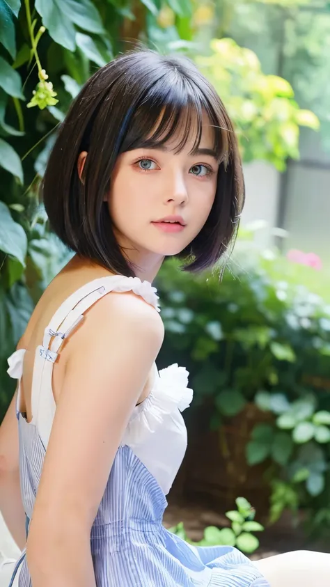 a beautiful girl with blue and purple eyes, with short shoulder-length hair with soft white skin, and white hair with blue in the front and white in the back, and wearing a short white thigh-length dress with cotton under her skirt.