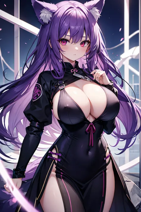 fox girl, big breasts, purple hair, masterpiece , red eyes, hd, Head to Chest, buried in my chest、underboob