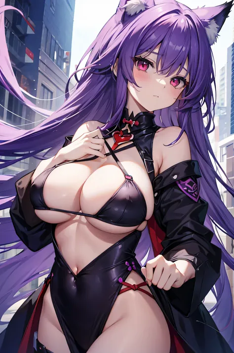 fox girl, big breasts, purple hair, masterpiece , red eyes, hd, Head to Chest, buried in my chest、underboob