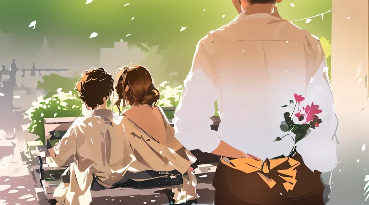 ((best quality)), ((masterpiece)), (detailed), perfect face,A man and a woman sit on a bench looking at the scenery, With your back turned, over his shoulder, A man standing hiding a flower behind his back. very realistic, turning away, ((supersaturated)),...